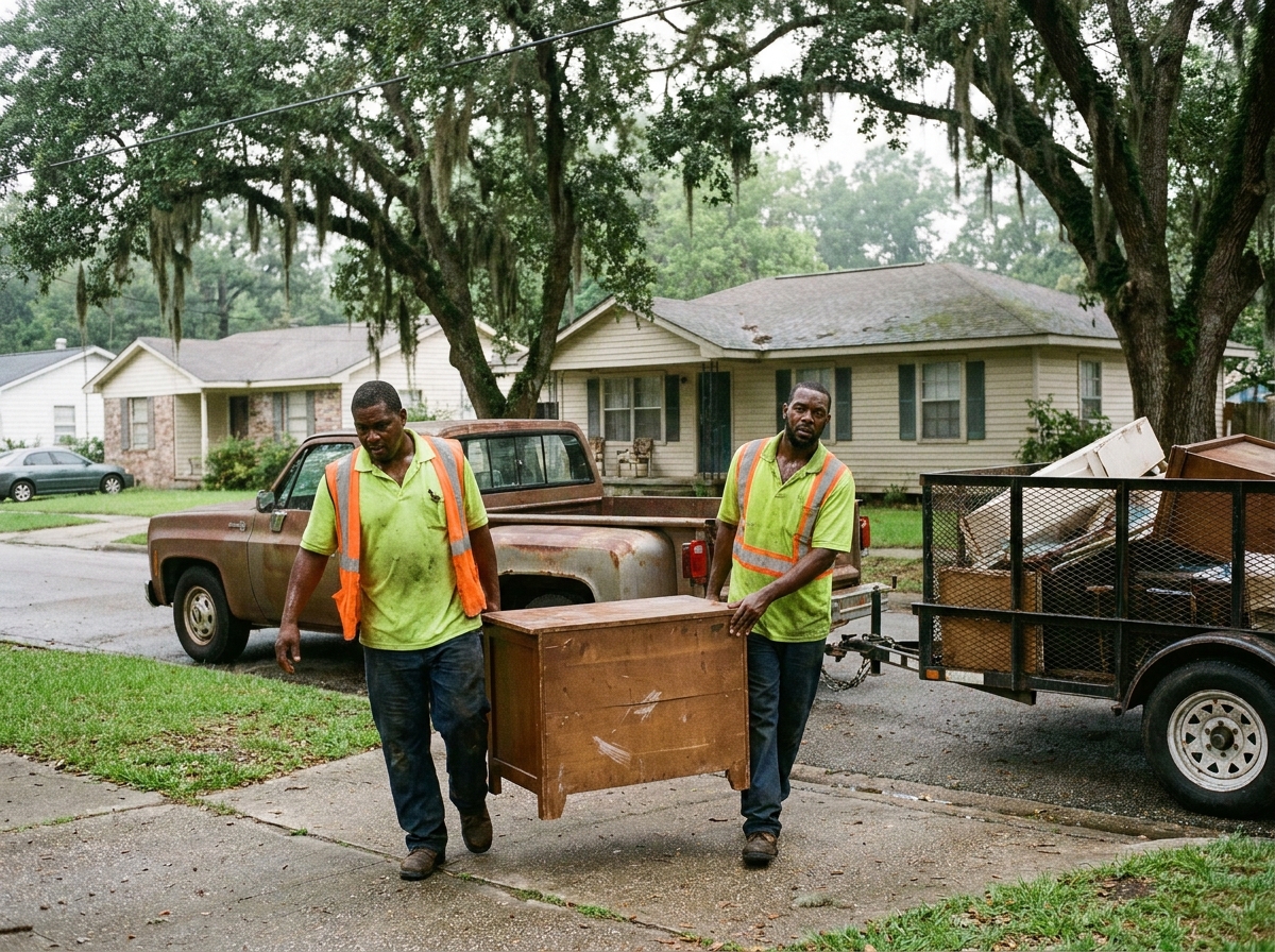 Junk removal crew carrying a dresser out to the truck in Shreveport, LA