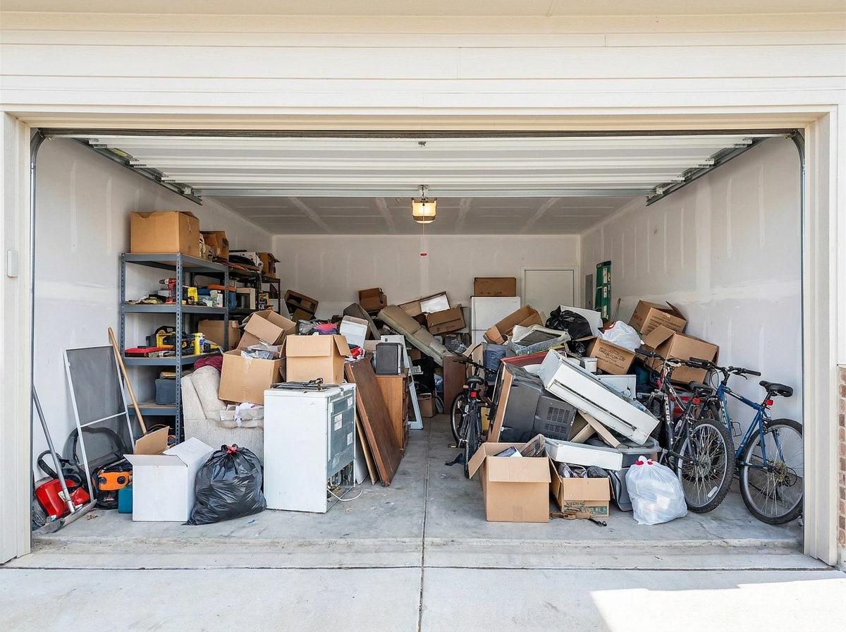 Garage packed full of clutter and junk before cleanout