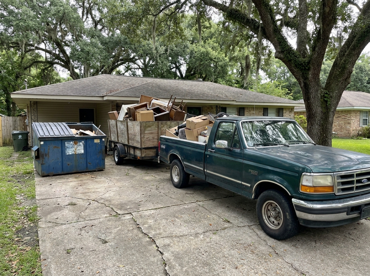 A loaded junk removal trailer parked next to a rented dumpster container