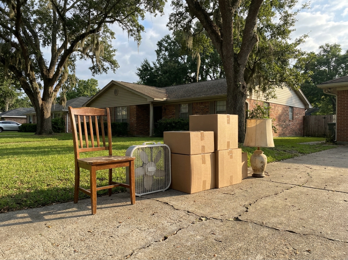 Household items staged and sorted on a driveway ready for pickup