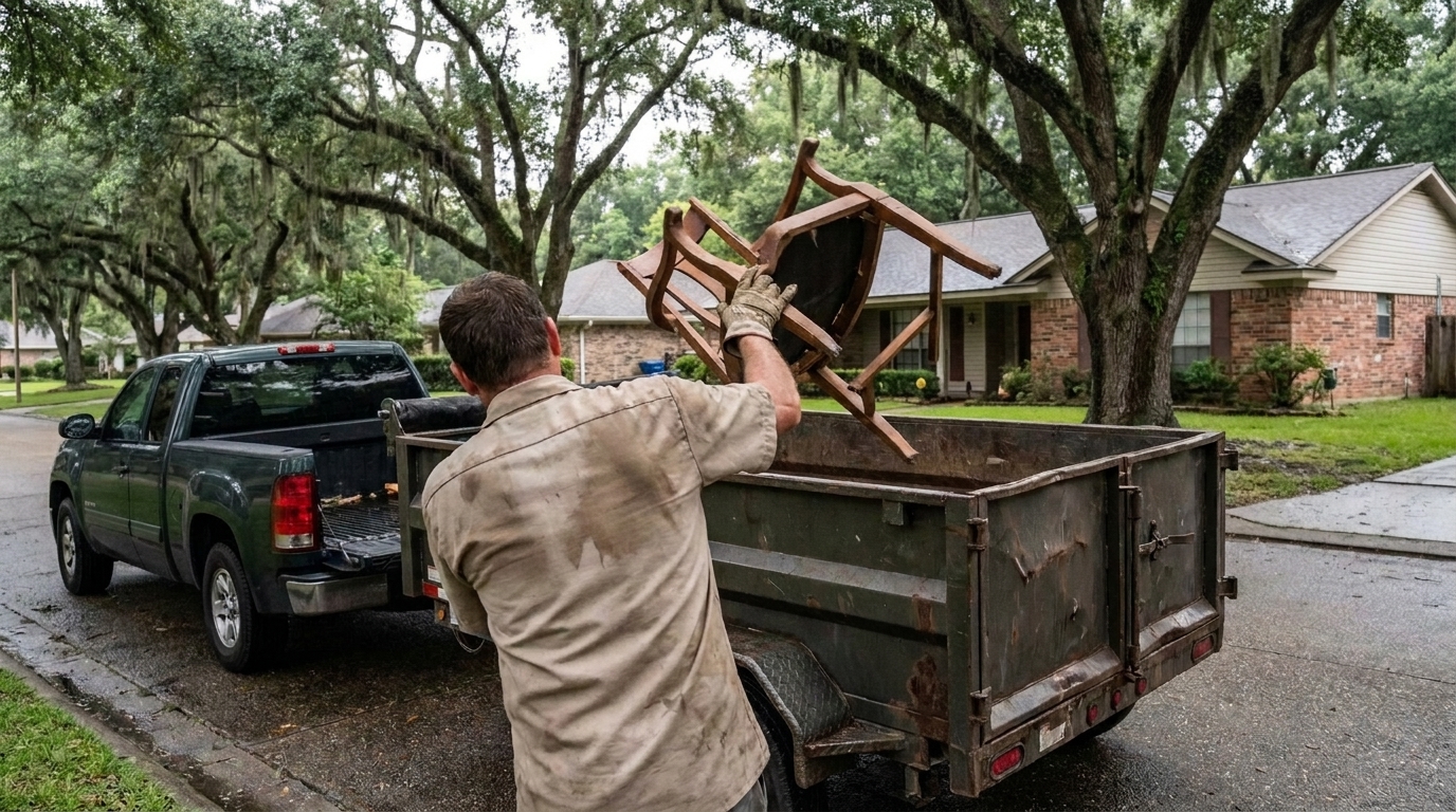 Junk removal worker loading an old chair into a hauling trailer