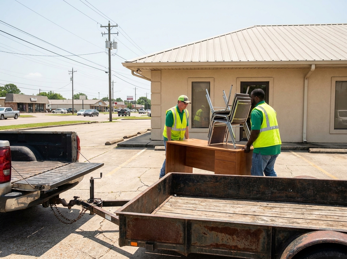 Junk removal crew carrying office furniture out of a commercial building