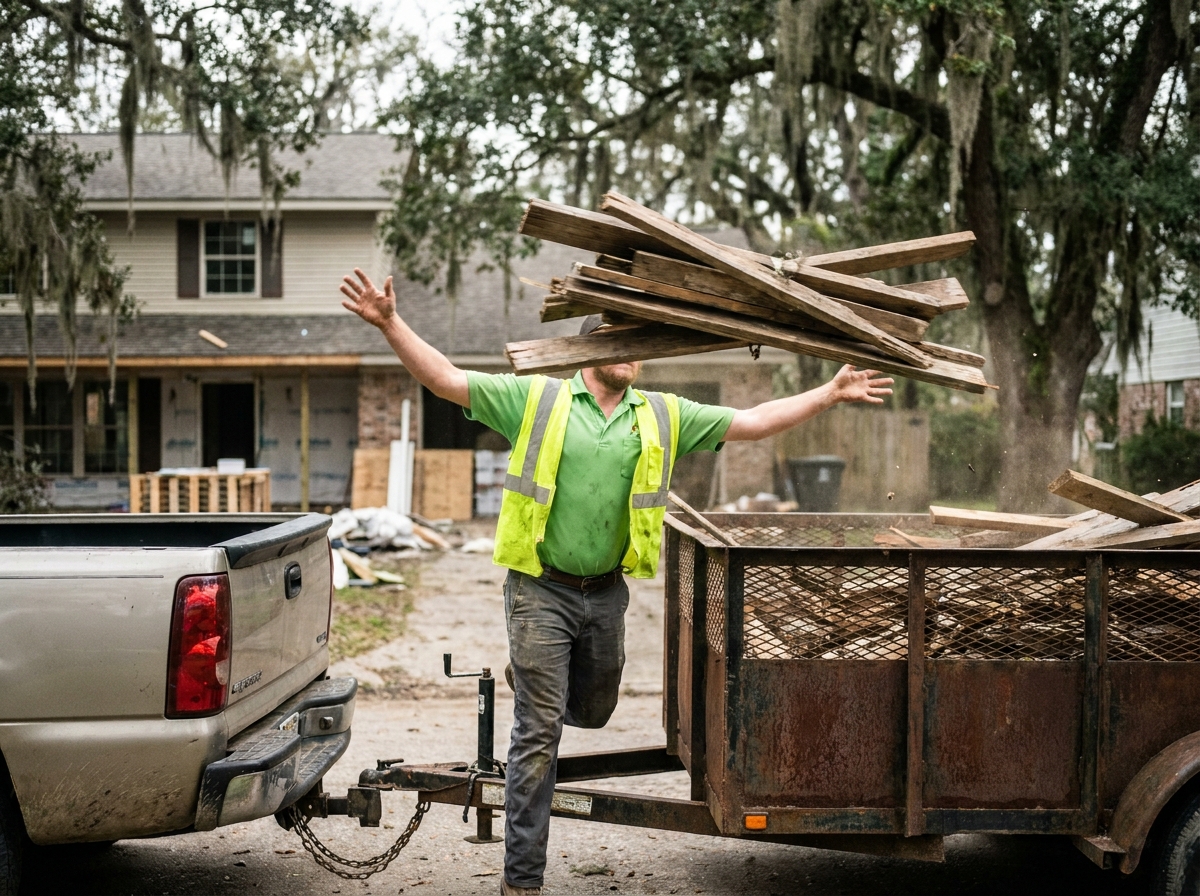 Junk removal worker tossing renovation debris into an open trailer